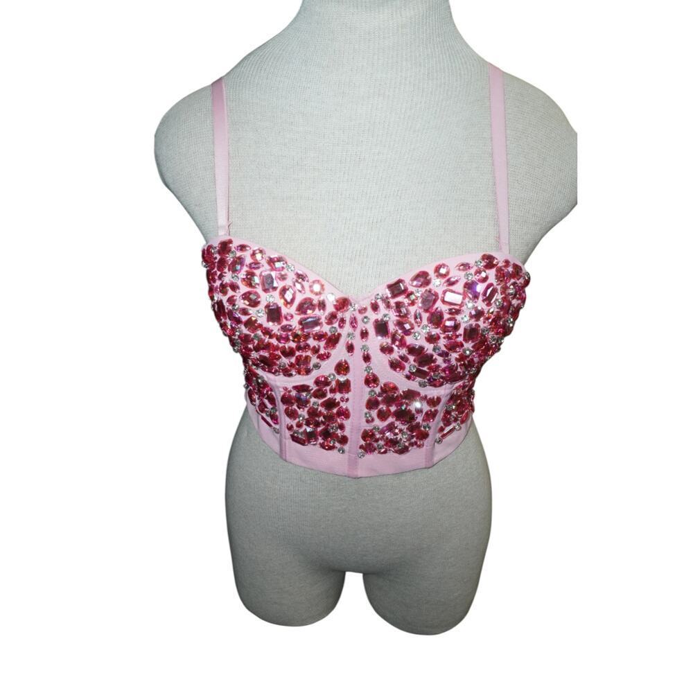 Y2K Pink Rhinestone Corset Bustier Top | Festival Coachella Clubwear S - Picture 7 of 10
